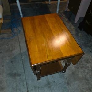 Vintage Wood Drop-Leaf Side Table with Lower Shelf