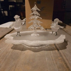 Vintage Avon Porcelain Winter Ice Skating Scene with Snow-Covered Tree