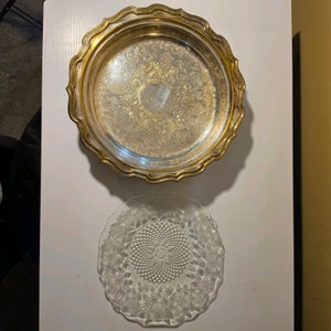Ornate Footed Serving Tray with Removable Patterned Pyrex Glass Insert
