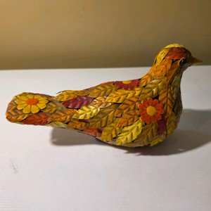 Metal Floral Bird Figurine in Yellow, Orange and Red