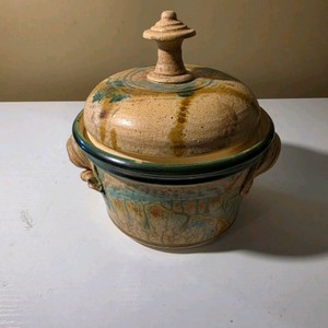 Lidded Studio Pottery Jar with Sculpted Handles and Multicolor Glaze