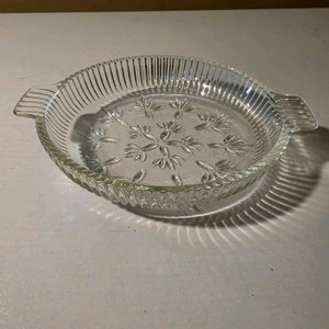Clear Glass Handled Serving Bowl with Floral Pattern and Ribbed Sides