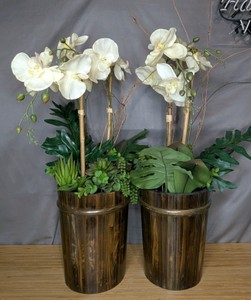Artificial White Orchid Floral Arrangements in Wooden Planters Set of 2 R