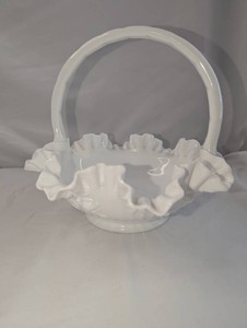 White Milk Glass Ruffled Basket with Handle