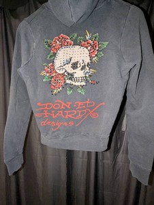 Ed Hardy Skull & Roses Zip-Up Hoodie, Size XS