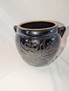 Black Glazed Floral Ceramic Crock Vase