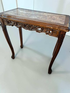 Vintage Wooden Console Table Intricate Carved Apron and Inset Marble Top
