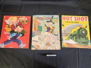 Vintage Childrens Coloring Books - Pick a Color, Mother Goose & Hot Shot (Lot of 3)