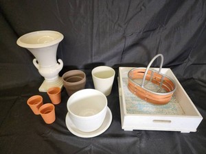 Mixed Lot Decorative Planters, Basket & Wood Tray