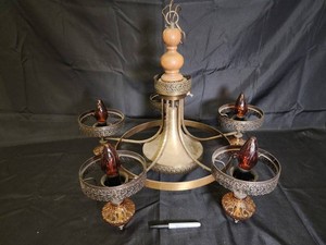 Vintage Ornate Brass-Tone Five-Light Chandelier With Amber Glass Shades