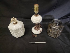 Milk Glass Eagle Piece, Hobnail Lamp & Scrollwork Vase Mixed Lot