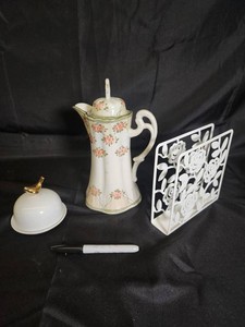 Floral Ceramic Coffee Pot, Apple Dish & Napkin Holder Mixed Lot