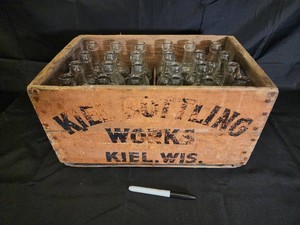 Vintage Kiel Bottling Works Wooden Crate With Glass Bottles
