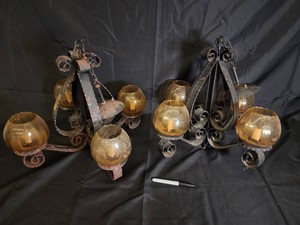 Pair of Ornate Wrought Iron Chandeliers With Amber Glass Shades (Lot of 2)