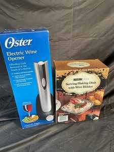 307 - Oster Electric Wine Opener & Cobble Creek ServingBaking Dish With Wire Holder (Lot of 2)