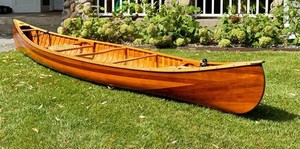Vintage American Traders Trader 14 Cedar Strip Canoe  Handcrafted Wood Canvas