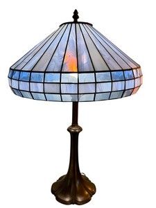 Stained-Glass Table Lamp - Blue & White Leaded Shade