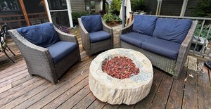 Outdoor Patio Furniture Set - Wicker Sofa, 2 Chairs & Gas Fire Pit