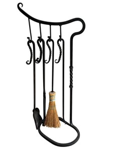 G - Fireplace Tool Set - Black Metal Stand With Hearth Broom & Shovel