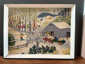 Vintage Framed Textile - Grandma Moses Early Springtime on the Farm