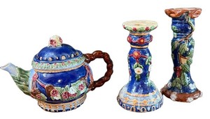 DR - Vintage Majolica-Style Teapot & Candlesticks Mixed Lot