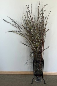 LL - Glass Floor Vase With Metal Stand & Pussy Willow Arrangement
