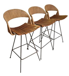 LLB - Set of 3 Vintage Arthur Umanoff Mid-Century Modern Slat Wood & Wrought Iron Bar Stools