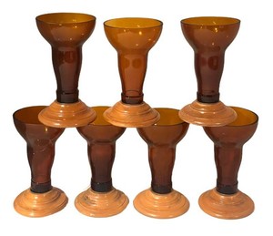 LLB - Vintage Mid-Century Amber Glass Wood Based Stemware Set