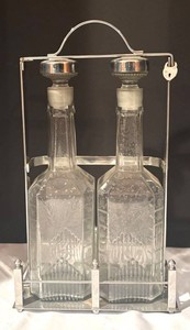 LLB - Vintage Decanter Set - Locked Double Decanters in Metal Stand