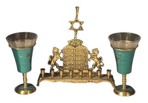 LLB - Vintage Mid Century Israeli Enameled Brass Menorah & Kiddush Cups Set