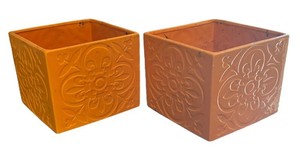 G - Two Orange Embossed Floral Relief Planter Pots