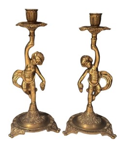 LLS5 - Two Vintage Brass Cherub Candle Holders