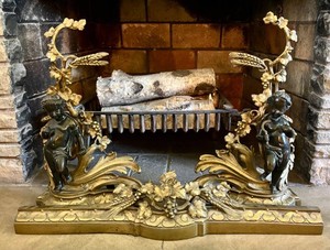 LR - Antique Fireplace Fender - Gilt-Bronze French Style Chenets