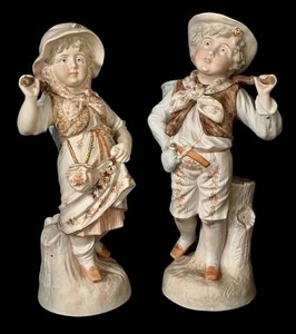 K - Antique German Bisque Porcelain Figurine Pair - Gebruder Boy & Girl