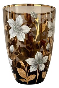 K - Vintage Bohemia Smoky Glass Vase With Gilded Floral Decoration