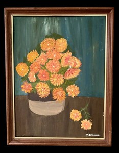 DR - Vintage Floral Painting - Chrysanthemums by N. Bodiner Framed