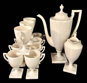 LR - Vintage Tea Service - White Ceramic Teapot, Creamer, Sugar Bowl & 11 Mugs