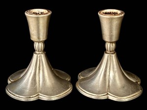 LR - Pair of Danish Art Deco Pewter Candlesticks by Just Andersen (c. 1930s)