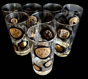 LR - Vintage Highball Glasses - Gold-Tone Old World Coin Barware (Lot of 8)