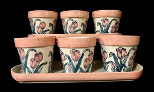 LR - Ceramic Flower Pots - Tulip Motif With Matching Trays