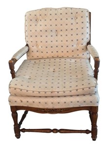 LR - Vintage Upholstered Armchair - Dark Wood Carved Frame