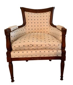 LR - Vintage Upholstered Armchair - Dark Wood Carved Frame