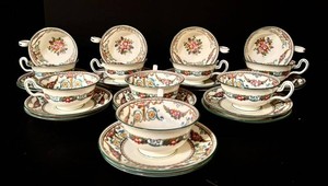 LR - Antique Wedgewood Ventor Pattern China Teacup & Saucer Set - 12 Cups & 16 Saucers