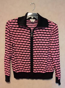 B1 - Womens Vintage Sweater - St. John Sport Pink & Black Zip-Front XL