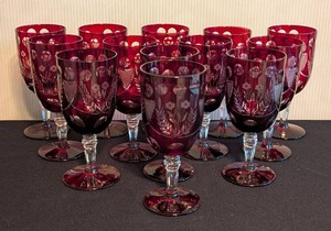 K - Vintage Ruby Red Cut Crystal Wine Glasses (Lot of 13)