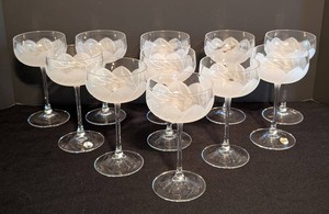 K - Vintage Champagne Glasses - J.G. Durand Crystal Leaf Motif (Lot of 11)