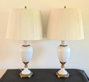 LR - Vintage Table Lamps - Pair of Fluted White Ceramic Urn Lamps