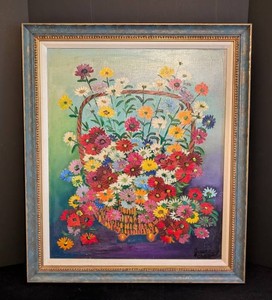 B1 - Vintage Oil Painting - Floral Basket in Ornate Frame