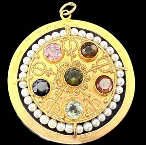 14k Gold and Gemstone Pendant -Multicolor Stones & Pearl Border