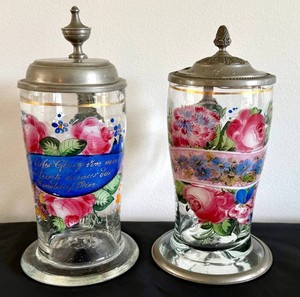 DR - Pair of Antique German Saxon Enameled Glass Wedding Steins, Circa 1850